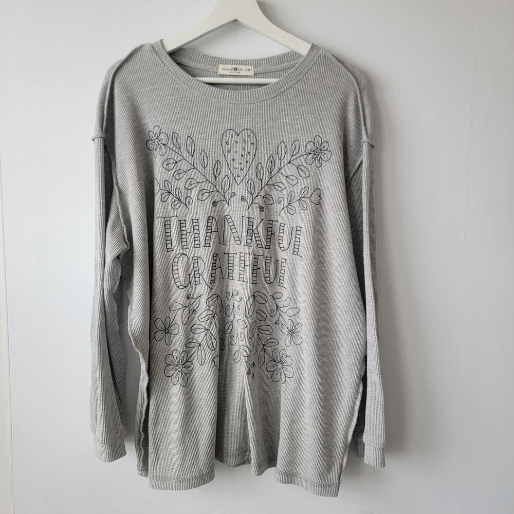 Natural Life womens Aida "Thankful Grateful" waffle knit thermal top sz s/m grey